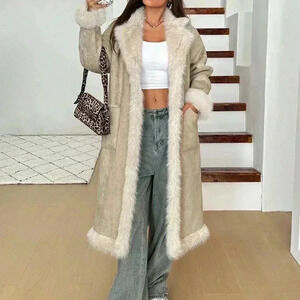 Beige Casual Women's Fuzzy Patchwork Long Sleeve Front Tie Pocket Jacket